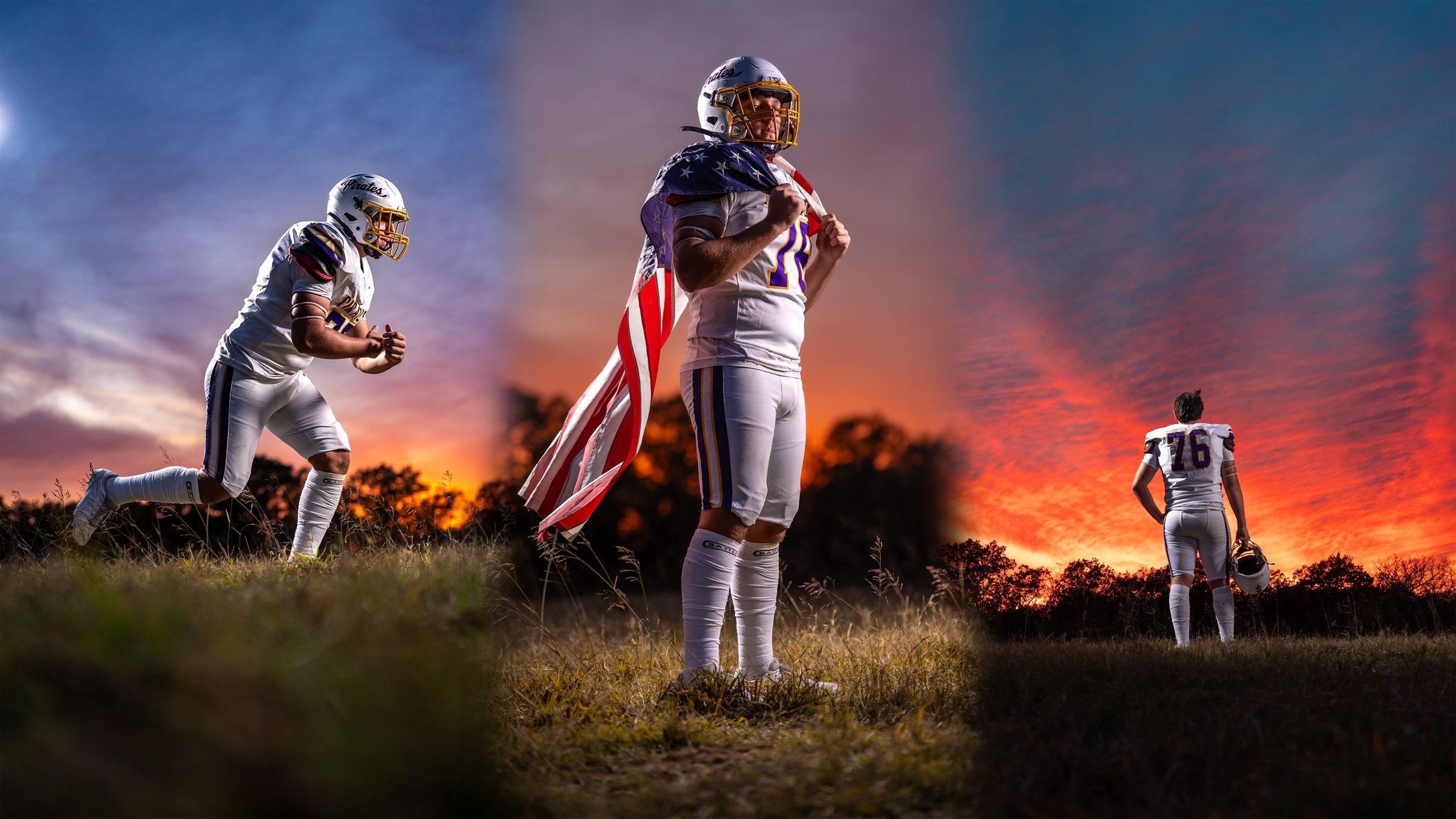 Senior football portraits at sunset with an American flag